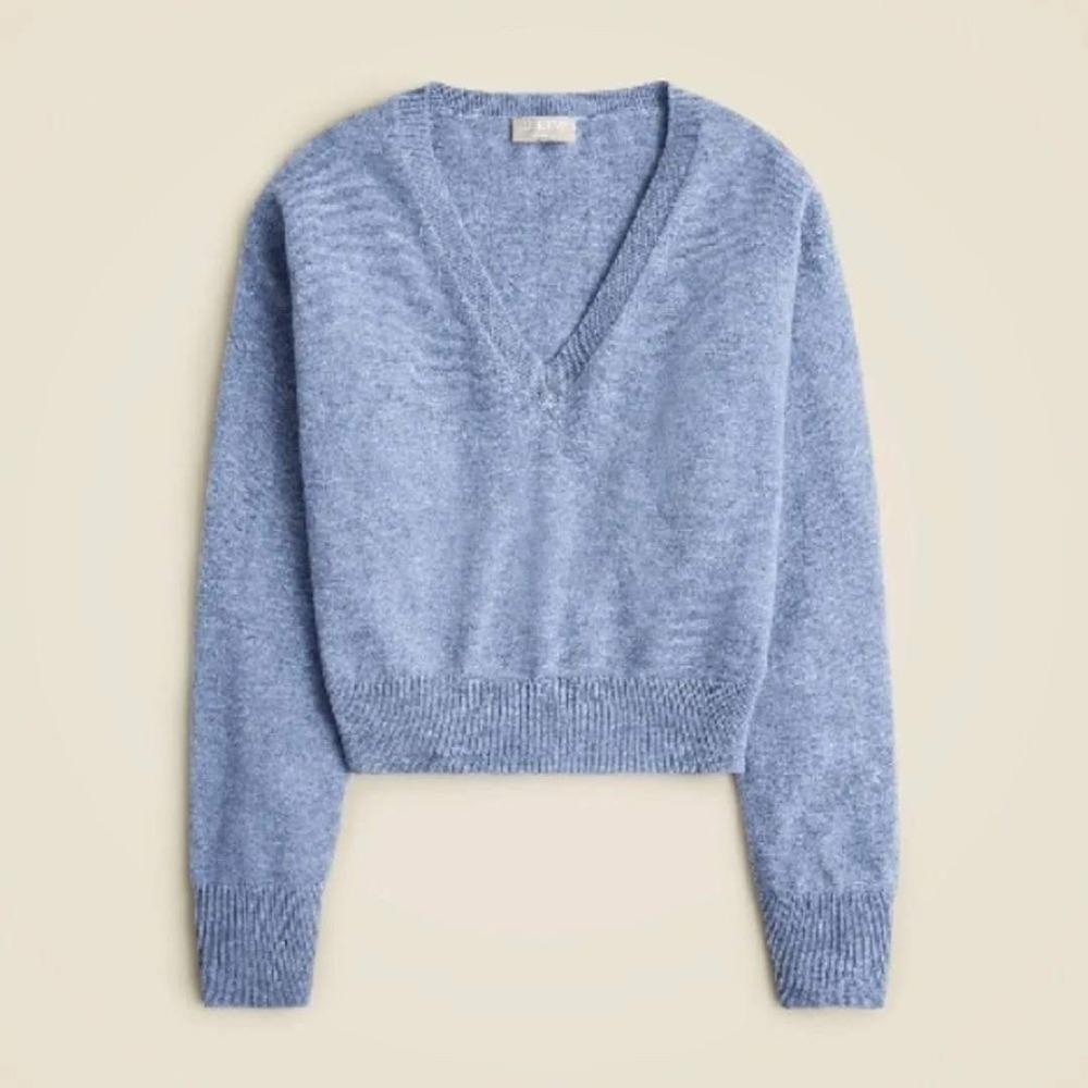 JCrew Cashmere VNeck Sweater Shrunken Cropped Soft Blue‎ M Quiet Luxury Repaired